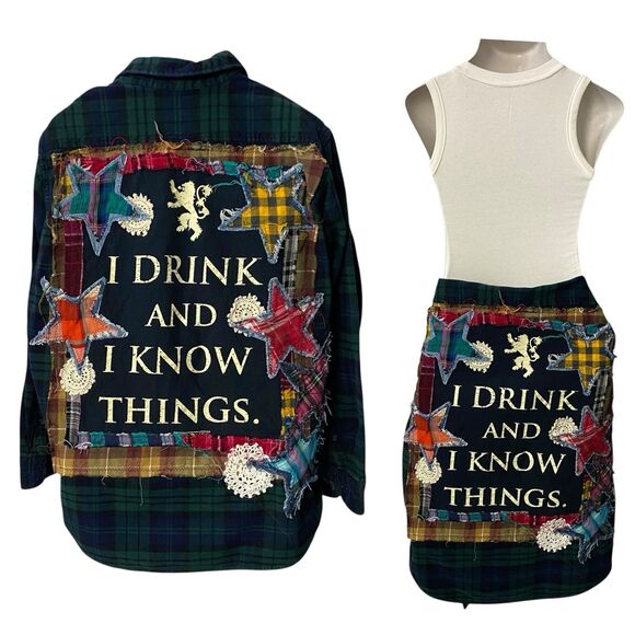 Upcycled Flannel Shirt Shacket Womens 1X Grunge Patchwork Folk Art Drink Camp - Picture 2 of 15